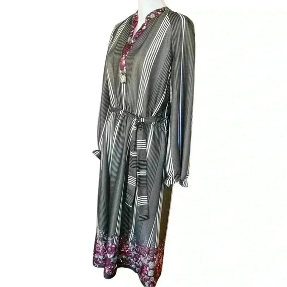 Vintage 70s Bohemian Checkaberry Grey Green Floral Long Sleeve Maxi Dress. Sz L - Picture 2 of 13